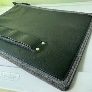 KIKO Black Leather Grey Wool Felt Laptop Sleeve Document Clutch 14x10 Handstrap